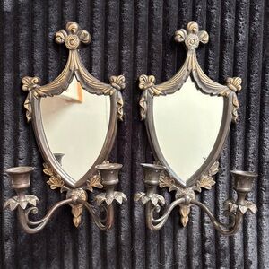 Vintage French Revival Mirrored Candle Sconces – Shield, Ribbon & Fleur Motif